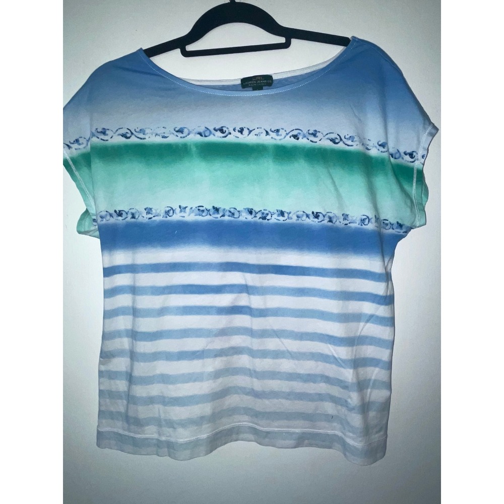 Lauren Ralph Lauren Blue Green Ombre‎ Striped Cotton Boat Neck Top Large RN41381